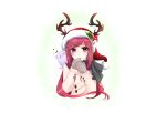  1girl :3 animal_on_shoulder antlers blush cold commentary fake_antlers fur-trimmed_headwear fur_trim grey_mittens grey_scarf hat highres holly_hat_ornament horns lanmei_jiang long_hair long_sleeves looking_to_the_side medium_bangs ming_wei_aiqing_de_chibang mittens open_mouth pink_hair plaid plaid_scarf purple_eyes red_hat santa_hat scarf solo sweater swept_bangs transparent_background undersized_animal upper_body white_sweater wolf 