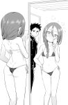  1boy 1girl :| absurdres ass bikini braid breasts closed_mouth embarrassed flat_chest gakuran greyscale highres long_hair looking_at_mirror mirror monochrome navel nekosaki school_uniform second-party_source selfie side-tie_bikini_bottom small_breasts soredemo_ayumu_wa_yosetekuru standing swimsuit tanaka_ayumu yaotome_urushi 