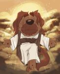 2024 anthro bluey_(series) brown_body brown_clothing brown_ears brown_fur brown_nose brown_tail brown_topwear canid canine canis clothing cloud deity digital_media_(artwork) domestic_dog eyes_closed floating fur halo hi_res jesus_christ male mammal pose religion robe shaibey solo tail topwear white_clothing white_robe