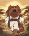  2024 anthro bluey_(series) brown_body brown_clothing brown_ears brown_fur brown_nose brown_tail brown_topwear canid canine canis clothing cloud deity digital_media_(artwork) domestic_dog eyes_closed floating fur halo hi_res jesus_christ male mammal pose religion robe shaibey solo tail topwear white_clothing white_robe 