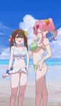  2girls :d beach bikini blue_bikini blue_hair blue_scrunchie blue_sky breasts brown_hair chilakkk cleavage cloud commentary day eyewear_on_head fingernails flower green_bikini hair_flower hair_ornament hair_ribbon hairclip heart heart-shaped_eyewear heart_necklace highres hozuki_kaede jewelry large_breasts medium_breasts multicolored_hair multiple_girls nail_polish necklace onii-chan_wa_oshimai! open_mouth outdoors oyama_mihari pink_hair pink_nails red_flower red_ribbon ribbon scrunchie sidelocks sky smile standing sunglasses swimsuit twitter_username two-tone_hair wrist_scrunchie yellow_eyes yellow_flower 