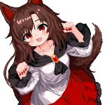  1girl 999_(hansode) :d animal_ears blush brown_hair collarbone commentary_request dress fang feet_out_of_frame fingernails frilled_dress frills from_above highres imaizumi_kagerou long_hair long_sleeves looking_at_viewer medium_bangs open_mouth parted_bangs pixel_art red_brooch red_dress red_eyes red_nails sharp_fingernails simple_background skin_fang smile solo tail touhou two-tone_dress very_long_hair white_background white_dress wolf_ears wolf_girl wolf_tail 