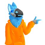 ambiguous_gender blue_body blue_ears blue_eyes blue_fur blue_mouth clothing fur gesture hand_gesture hi_res lynn_(urbanwendigo) machine orange_clothing pointing protogen protogen_visor smile solo urbanwendigo