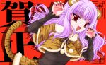  1girl animal_ears animal_print black_nails capelet chinese_zodiac claw_pose commentary_request fake_animal_ears fake_tail gore_screaming_show happy_new_year highres long_hair looking_at_viewer open_mouth oyu_(user_knws7432) pink_hair pom_pom_(clothes) red_background red_eyes skirt smile solo tail tiger_ears tiger_print tiger_tail upper_body year_of_the_tiger yuka_(gore_screaming_show) 