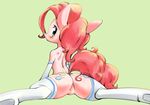  2016 anthro blue_eyes blush butt clothing conbudou cutie_mark dock earth_pony equine eyelashes female flexible friendship_is_magic green_background hair hi_res horse legwear looking_at_viewer looking_back makeup mammal mascara mostly_nude my_little_pony pink_hair pinkie_pie_(mlp) pony pose presenting seductive simple_background solo spread_legs spreading stockings thick_thighs 
