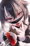  1boy bandages black_choker black_hair choker cunnilingus_gesture ear_piercing earrings feeding food fork fruit ikezaki_misa indie_virtual_youtuber jewelry long_sleeves looking_at_viewer male_focus mask mouth_mask nail_polish piercing red_eyes shinoshima_raise solo solo_focus strawberry tongue tongue_out tongue_piercing v_over_mouth virtual_youtuber 