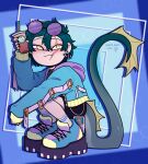  2023 beverage blue_hair bubble_tea clothing digital_drawing_(artwork) digital_media_(artwork) ear_piercing eye_scar eyewear facial_scar fish_hook fish_hook_piercing fish_tail footwear glasses goh_(orcakingu) hair hi_res hoodie hook humanoid male marine merfolk orcakingu pattern_background piercing platform_footwear scar simple_background socks solo split_form topwear watermark white_body white_skin yellow_eyes 