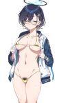  1girl aqua_eyes bikini black_hair blue_archive chihiro_(blue_archive) closed_eyes glasses hair_ornament jacket kumadano micro_bikini pubic_hair rabbit_hair_ornament short_hair simple_background solo swimsuit watch white_background 