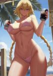  absurdres bare_shoulders bikini blonde_hair blue_eyes blush bow braid breasts can choker commentary cowboy_shot day english_commentary fate/grand_order fate_(series) hair_bow hair_ornament highres holding holding_can jeanne_d&#039;arc_(fate) kakeku large_breasts long_hair looking_at_viewer navel outdoors parted_lips pink_bikini pink_bow pink_choker seductive_smile smile solo stomach swimsuit thighs twin_braids underboob 