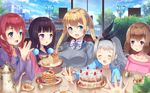  4girls :d :o absurdres amano_miu artist_name black_hair blend_s blonde_hair blue_eyes blue_sky blush bow braid bread breasts brown_hair cake closed_eyes cloud cup day eye_contact facing_viewer food fruit grey_hair grey_sweater hands_together highres hinata_kaho holmemee hoshikawa_mafuyu jacket kanzaki_hideri lamppost large_breasts long_hair looking_at_another multiple_girls open_mouth otoko_no_ko outstretched_arms pancake plater purple_eyes red_hair sakuranomiya_maika scenery school_uniform serafuku sitting sky small_breasts smile stack_of_pancakes strawberry striped striped_bow sweater syrup table tea teacup twintails 