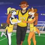  american_football anthro arm_around_shoulders bottomwear bovid bovine canid canine cattle cheerleader clothed clothing female football_field fox fully_clothed fuze group hi_res hotpants male mammal night outside shirt shorts sport stadium t-shirt tank_top texnatsu topwear trio ty_conrad 