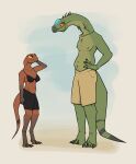 absurd_res alamosaurus allosaurid allosaurus anthro art_(zagz) clothed clothing dinosaur duo female hand_on_head hands_on_hips harper_(zagz) hi_res jewelry larger_male macronarian male male/female necklace reptile sauropod sauropodomorph scalie size_difference smaller_female theropod topless topless_male trans_(lore) trans_woman_(lore) zagz