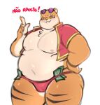 anthro belly clothed clothed_anthro clothed_male clothing felid hi_res lucky_tiger_slot male male_anthro mammal money moobs overweight overweight_anthro overweight_male pantherine portuguese_text red_clothing shyybuchi simple_background solo text tiger translated white_background