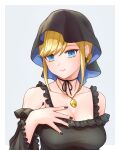  1girl alice_lendrott black_hat black_nails blonde_hair breasts cleavage cross cross_earrings detached_sleeves earrings grey_background hand_up hat highres jewelry necklace shinigami_bocchan_to_kuro_maid simple_background solo teiku_(tokagezaurusu) upper_body 