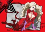  1girl absurdres blonde_hair blue_eyes bodysuit boots breasts cat_tail cleavage earrings full_body gloves high_heel_boots high_heels highres jewelry large_breasts long_hair looking_at_viewer lying on_side persona persona_5 purple_gloves red_background red_bodysuit solo stud_earrings tail takamaki_anne tongue tongue_out twintails whip yozo7222 zipper_pull_tab 
