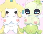  anthro azuo big_breasts blush breasts celebi duo female generation_2_pokemon generation_3_pokemon genitals green_body heart_eyes heart_symbol hi_res holding_breast jirachi legendary_pokemon nintendo nipples pink_background plump_labia pokemon pokemon_(species) pussy short_stack simple_background slightly_chubby slightly_chubby_female white_body 