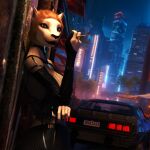 absurd_res anthro breasts canid canine canis car chadotexas cigar city city_background cityscape clothing crossed_arms cyberpunk detailed_background female fishnet_clothing fishnet_topwear fur hi_res lighter makeup mammal solo topwear vehicle white_body white_fur wolf