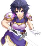  1girl armor black_hair breastplate fire_emblem fire_emblem:_genealogy_of_the_holy_war gloves holding holding_sword holding_weapon larcei_(fire_emblem) looking_at_viewer purple_eyes purple_tunic reki_(reki13c) short_hair shoulder_armor sidelocks solo sword tomboy tunic weapon white_background 