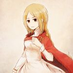  1girl blonde_hair braid breasts brown_background brown_eyes dress final_fantasy final_fantasy_tactics long_hair looking_at_viewer ray090611 red_robe robe simple_background small_breasts smile solo upper_body white_dress 