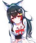  1girl animal_ear_fluff animal_ears black_hair black_skirt blush bow bowtie breasts cleavage collarbone collared_shirt hair_ornament highres hololive large_breasts long_hair ookami_mio pleated_skirt ponytail red_bow red_bowtie school_uniform shadow shatiku_72 shirt skirt socks solo virtual_youtuber white_shirt white_socks wolf_ears wolf_girl 