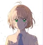  1girl antenna_hair bad_id bad_twitter_id blue_necktie cardcaptor_sakura collared_shirt green_eyes kinomoto_sakura light_brown_hair looking_at_viewer necktie rii2a77ru serious shirt short_hair sidelighting simple_background solo upper_body white_background white_shirt 