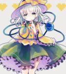  1girl black_hat blouse bow buttons diamond_button eyeball frilled_shirt_collar frilled_sleeves frills green_hair hat hat_bow hat_ribbon heart heart_of_string hiyuu_(hiyualice) komeiji_koishi ribbon shirt solo third_eye touhou wide_sleeves yellow_bow yellow_ribbon yellow_shirt 