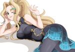  :p bare_shoulders black_pantyhose blonde_hair bracelet breasts cleavage dress earrings green_eyes highres idolmaster idolmaster_million_live! idolmaster_million_live!_theater_days jewelry long_hair nikaidou_chizuru one_eye_closed pantyhose ponytail simple_background thighs tongue tongue_out u4_99384295 