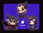  1girl 2boys :3 black_border black_gloves black_wings blue_background border brown_eyes chibi chibi_only coat crossed_arms devil_jin fingerless_gloves full_body gloves grey_horns heterochromia hood hoodie horns kazama_jin kotorai mishima_kazuya multiple_boys purple_coat purple_hoodie red_eyes reina_(tekken) scar scar_on_cheek scar_on_face sharp_teeth signature teeth tekken tekken_8 thick_eyebrows v-shaped_eyebrows white_border wings 