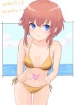  1girl alice_gear_aegis bikini blue_eyes breasts brown_hair cowboy_shot dated gold_bikini heart heart_hands highres kanagata_sugumi leaning_forward looking_at_viewer okra_(osakimakkura33) short_hair side-tie_bikini_bottom small_breasts solo swimsuit 