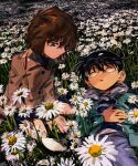  1boy 1girl :o absurdres black_hair blue_skirt brown_hair brown_jacket child closed_eyes denim edogawa_conan field flower flower_field glasses grass green_eyes haibara_ai hair_between_eyes highres hood hood_down hooded_jacket jacket jeans looking_at_another lying meitantei_conan open_clothes open_jacket pants segami shirt short_hair sitting skirt sleeping white_flower 