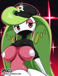  areola big_breasts breasts clothed clothing female flashing flora_fauna half-closed_eyes half-length_portrait hat nintendo plant pok&eacute;mon pok&eacute;mon_(species) portrait rubber simple_background solo spaca tsareena video_games 