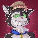 after_transformation anthro baal_sylva collar confusion davyboi domestic_cat felid feline felis glistening glistening_body green_eyes hatwear hi_res latex male mammal medallion notched_ear permagrin solo spiral_eyes