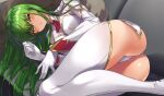  ass blush bodysuit boots c.c. code_geass eel_mizue gloves green_hair long_hair pilot_suit thigh_boots white_bodysuit white_gloves yellow_eyes 