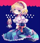  alice_margatroid blonde_hair blue_dress bow capelet doll dress frilled_hairband frills green_eyes hair_bow hairband hiyuu_(hiyualice) lolita_hairband red_hairband shanghai_doll short_hair sitting skirt skirt_set touhou white_capelet 