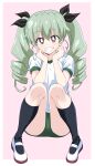  1girl anchovy_(girls_und_panzer) black_ribbon black_socks bright_pupils brown_eyes buruma commentary drill_hair full_body girls_und_panzer green_buruma green_hair grin gym_shirt gym_uniform hair_ribbon highres kneehighs long_hair looking_at_viewer pink_background ponzu_rui ribbon shirt shoes short_sleeves simple_background sitting smile socks solo t-shirt twin_drills twintails uwabaki white_footwear white_pupils white_shirt 