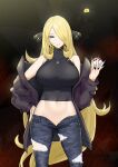  1girl alternate_costume blonde_hair blush breasts crop_top cynthia_(pokemon) denim garchomp glowing glowing_eyes grey_eyes hair_ornament hair_over_one_eye highres holding holding_poke_ball jeans large_breasts long_hair looking_at_viewer midriff navel no_panties pants poke_ball poke_ball_(basic) pokemon pokemon_dppt sky-freedom smile unbuttoned very_long_hair 