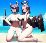  bangs bare_arms bare_legs bare_shoulders barefoot beach bikini black_bikini blue_sky blurry blurry_background blush breasts choker cleavage closed_mouth cloud commentary day depth_of_field eyepatch halo halterneck hand_on_hip hand_up harau kantai_collection kneeling large_breasts looking_at_viewer machinery multiple_girls navel ocean open_mouth outdoors parted_bangs purple_eyes purple_hair sand short_hair sky smile swimsuit tatsuta_(kantai_collection) tenryuu_(kantai_collection) white_bikini white_choker yellow_eyes 
