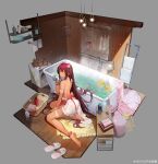  1girl absurdres ankle_ribbon anklet apron armband ass back backless_outfit bare_shoulders barefoot basket bath bathroom bathtub blush breasts bridal_garter cat_hair_ornament ceiling_light character_doll claw_foot_bathtub closed_mouth clothes_hanger dark-skinned_female dark_skin diorama earrings faucet feet full_body girls&#039;_frontline grey_background hair_between_eyes hair_ornament hair_ribbon highres holding holding_shower_head indoors jewelry kneeling lampshade large_breasts leg_ribbon legs light_bulb light_particles long_hair looking_at_viewer looking_back negligee official_alternate_costume official_alternate_hairstyle official_art on_floor pearl_hair_ornament perspective pink_apron pink_ribbon purple_hair ribbon rug saiga-12_(cleansing_waves_in_shallow_pool)_(girls&#039;_frontline) saiga-12_(girls&#039;_frontline) shelf shower_head sideboob sitting slippers smile soap_dispenser soles solo sparkle sticky_note toes toothbrush towel towel_rack trash_can unworn_slippers very_long_hair washing_machine water weibo_logo weibo_watermark white_armband white_footwear white_negligee white_wrist_cuffs wooden_floor wooden_wall wrist_cuffs yellow_eyes yellow_ribbon yokozuwari yoyo_(550098) 