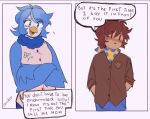  accessory anthro avian beak bird blue_body blue_eyes blue_hair blush breasts brown_hair clothed clothing clover_(undertale_yellow) clownboo_art crossed_arms digital_media_(artwork) duo embarrassed english_text feathered_wings feathers female flower flustered hair human male mammal martlet_(undertale_yellow) neck_tuft open_mouth plant scarf simple_background smile standing star text topwear tuft undertale undertale_(series) undertale_yellow wings yellow_beak 