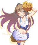  1girl ;d absurdres alternate_costume bare_shoulders brown_hair cheerleader crop_top green_eyes hair_ornament highres holding holding_pom_poms kantai_collection kumano_(kancolle) liking long_hair looking_at_viewer midriff miniskirt navel one-hour_drawing_challenge one_eye_closed pleated_skirt pom_pom_(cheerleading) ponytail simple_background skirt smile solo twitter_username white_background 