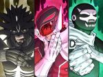  3boys akabane_sousei akutami_gege_(style) aura black_sclera cape colored_sclera domain_expansion footsoldier_d giga-invader_death_messiah gloves helmet highres jujutsu_kaisen licking_lips magnusmedic multiple_boys parody puckered_lips red_keeper scarf sentai_dai_shikkaku skull spoilers teeth tongue tongue_out white_gloves 