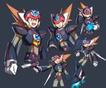  1boy armor axl_(mega_man) black_armor black_footwear black_helmet boots brown_hair chest_jewel cowboy_shot cross_scar finger_on_trigger forehead_jewel full_body green_eyes grey_background gun helmet highres holding holding_gun holding_weapon long_hair male_focus mega_man_(series) mega_man_x_(series) multiple_views ohil_(ohil822) red_helmet scar scar_on_face shoulder_armor spiked_hair upper_body weapon 