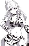  1girl animal_ears animal_print bikini bridal_gauntlets choker club_(weapon) contrapposto cowboy_shot ear_covers gold_city_(umamusume) greyscale highres horse_ears horse_girl horse_tail long_hair monochrome navel pataneet sarong solo spiked_choker spikes swimsuit tail tiger_print umamusume weapon 