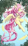  2017 blush conbudou cutie_mark equine eyelashes eyes_closed feathered_wings feathers female fluttershy_(mlp) flying friendship_is_magic hair leaves long_hair mammal my_little_pony outside pegasus pink_hair sky solo spread_wings tree wings 
