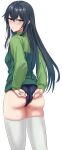  1girl :o absurdres adjusting_buruma adjusting_clothes ahoge ass ass_focus black_hair blue_buruma buruma from_behind green_track_suit gym_uniform highres long_hair looking_at_viewer looking_back shinonome_(pixiv_id_57460864) simple_background solo standing thick_thighs thighhighs thighs white_background white_thighhighs yahari_ore_no_seishun_lovecome_wa_machigatteiru. yukinoshita_yukino 