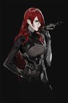  black_background bodysuit cigar hair_over_one_eye hand_on_hip kirijou_mitsuru long_hair persona persona_3 persona_4:_the_ultimate_in_mayonaka_arena profile red_eyes red_hair rr_(suisse200) smoking solo 