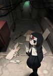  black_eyes blush_stickers broken cabinet commentary_request gloves habit hallway harau highres indoors long_sleeves looking_at_viewer nun original partial_commentary ruins smile solo standing syringe white_gloves 