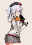  :&gt; arm_at_side ass beige_background blue_eyes blush breasts clipboard closed_mouth contrapposto cowboy_shot epaulettes from_side gloves hair_between_eyes hat kantai_collection kashima_(kantai_collection) looking_at_viewer looking_back medium_breasts miniskirt panties pantyshot pantyshot_(standing) pleated_skirt shinpu_(oresinpu) sidelocks silver_hair simple_background skirt smile solo standing twintails underwear white_gloves white_panties 