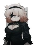  anthro big_breasts blindfold breasts canid canine canis clothed clothing cosplay crazysnuft crossover digital_media_(artwork) domestic_dog female fur hair hi_res mammal mica_(crzaysnuft) nier_automata obscured_eyes platinumgames simple_background solo yorha_2b 