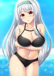  1girl alternate_costume arm_under_breasts bikini black_bikini blue_sky breasts brown_eyes cleavage collarbone cowboy_shot green_hairband hairband highres kantai_collection large_breasts ruin_re_birth shoukaku_(kancolle) sky solo swimsuit 